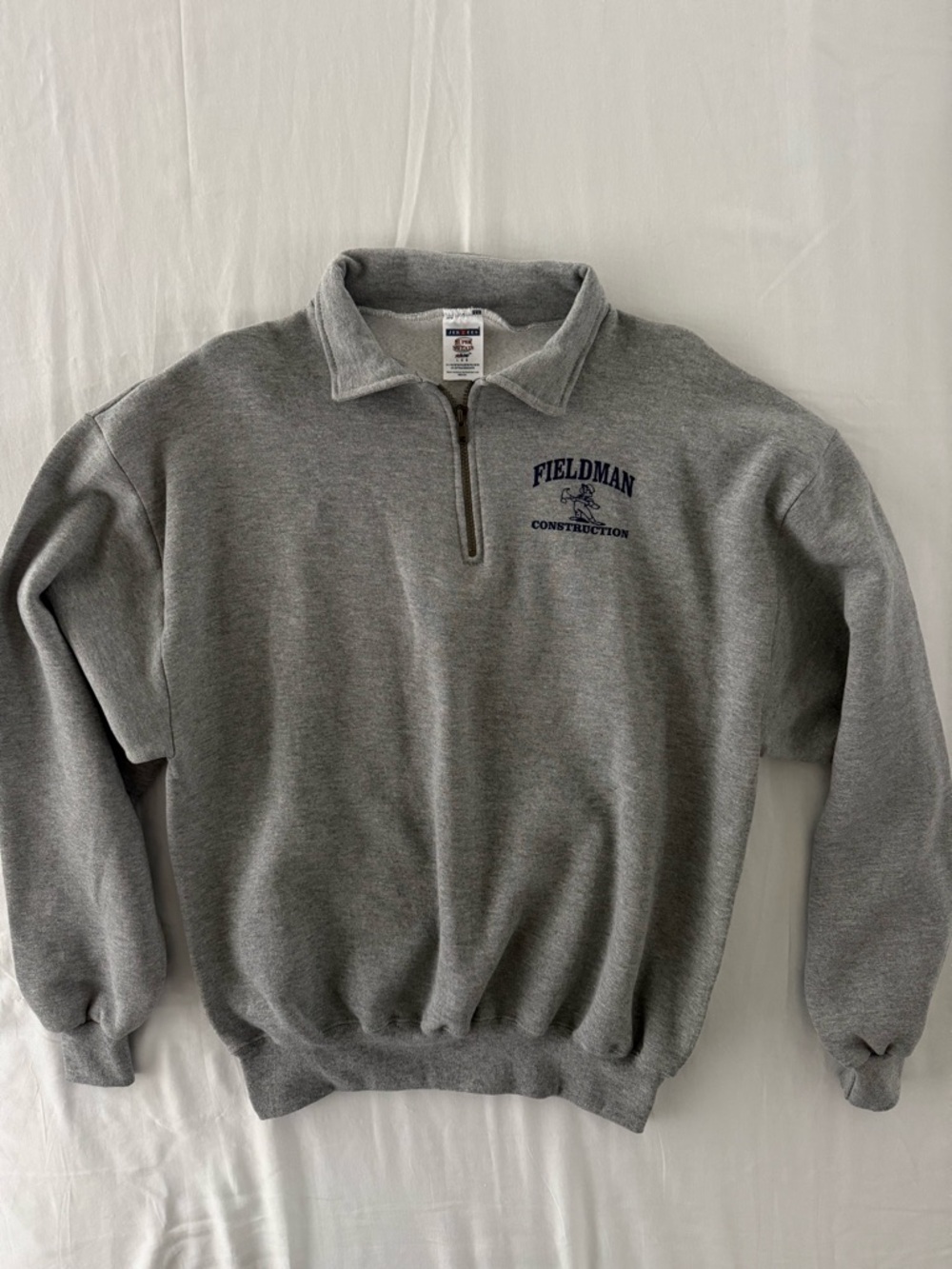 Vintage-style Jerzees Quarter-Zip Gray Pullover Size Large Fieldman Construction